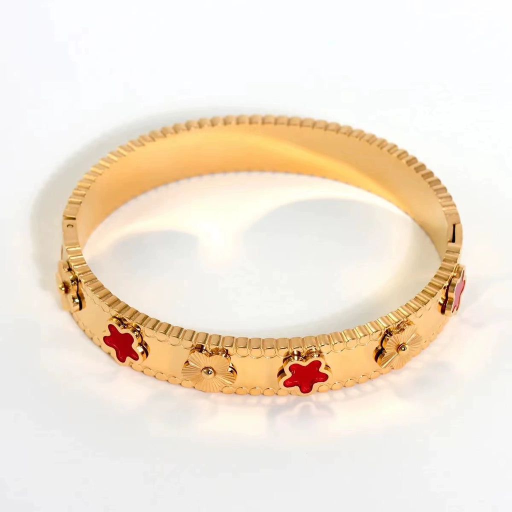 18K Gold Plated Stainless Steel Clover Bangle Bracelet, Tarnish Resistant Enamel Five Leaf Flower Hinged Bangle Stackable Jewelry For Women