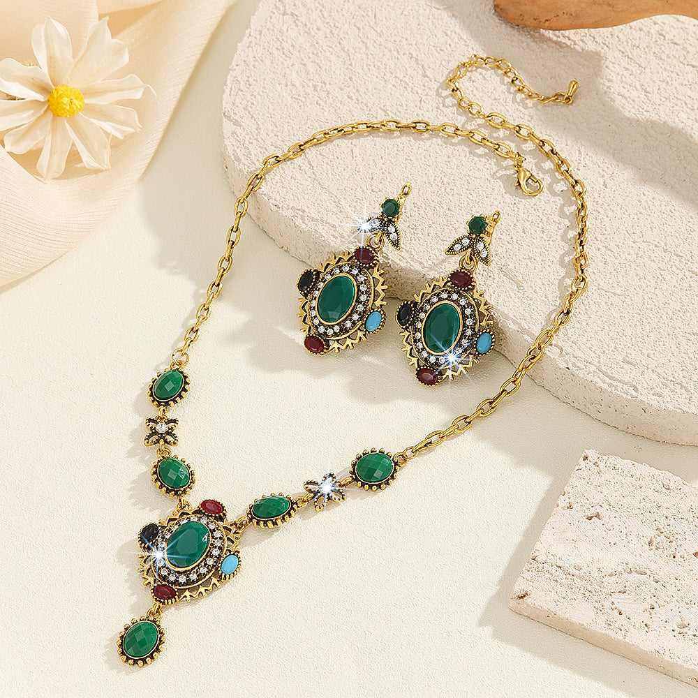 Bohemian Multi-Color Resin Crystal Jewelry Set, Antique Gold Necklace & Drop Dangle Earrings