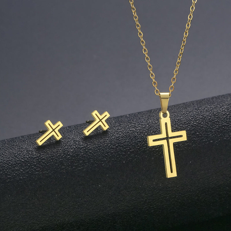 Stainless Steel Hollow Cross Necklace Earring Set Gold Silver Minimal Christian Religious Jewelry Gift