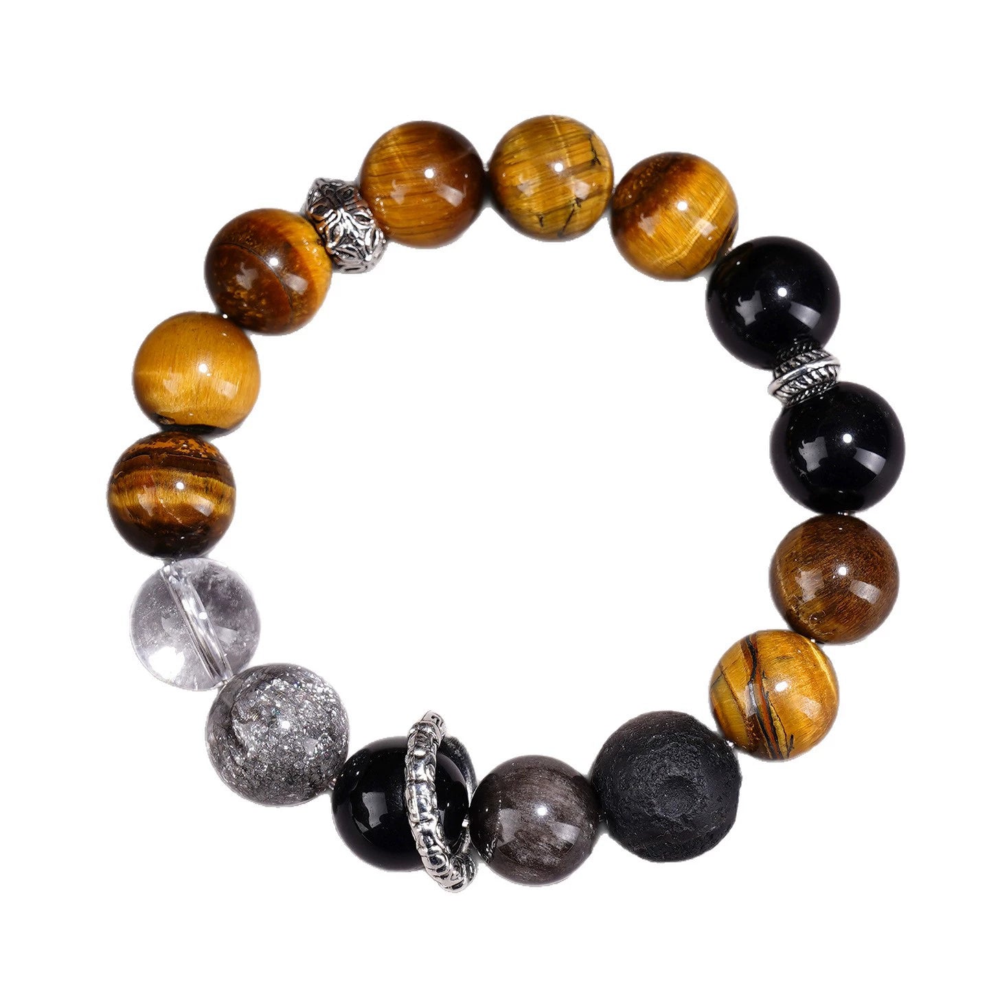 Yellow Tiger Eye Stone Silver Obsidian Planet Bracelet for Couple, Natural Crystal Volcanic Lava Rock Stretch Bracelet, Luck Wealth Protection Jewelry for Him Her