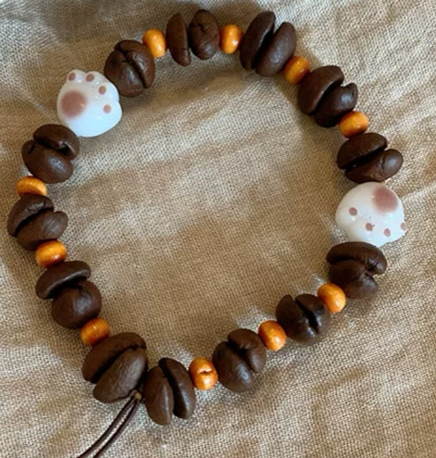 Handmade Real Coffee Bean Beaded Bracelet for Women, Cute Cartoon Dog & Fish Charm Natural Coffee Seed Stretch Bracelet Casual Coffee Lover Wrist Jewelry