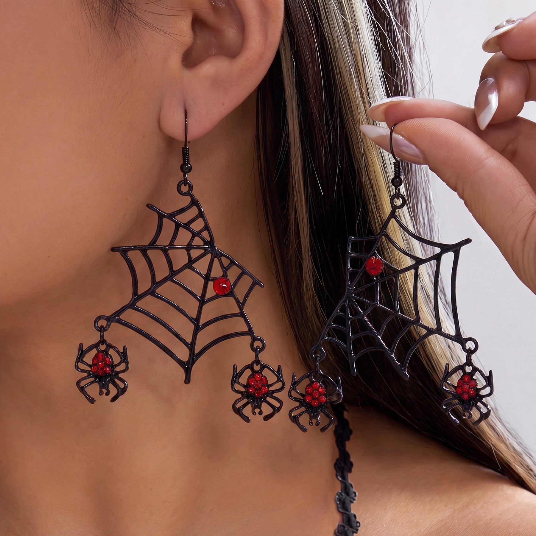 Black Spider Web Red Rhinestone Jewelry Set, Gothic Spider Choker Necklace & Dangle Earrings Halloween Punk Statement Jewelry Set For Women