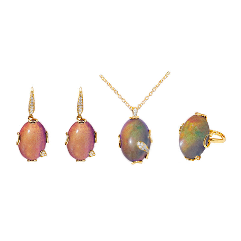Thermochromic Temperature Sensitive Color Shift Gem Jewelry Kit Oval Mood Stone Drop Earring Adjustable Band Ring Chain Necklace