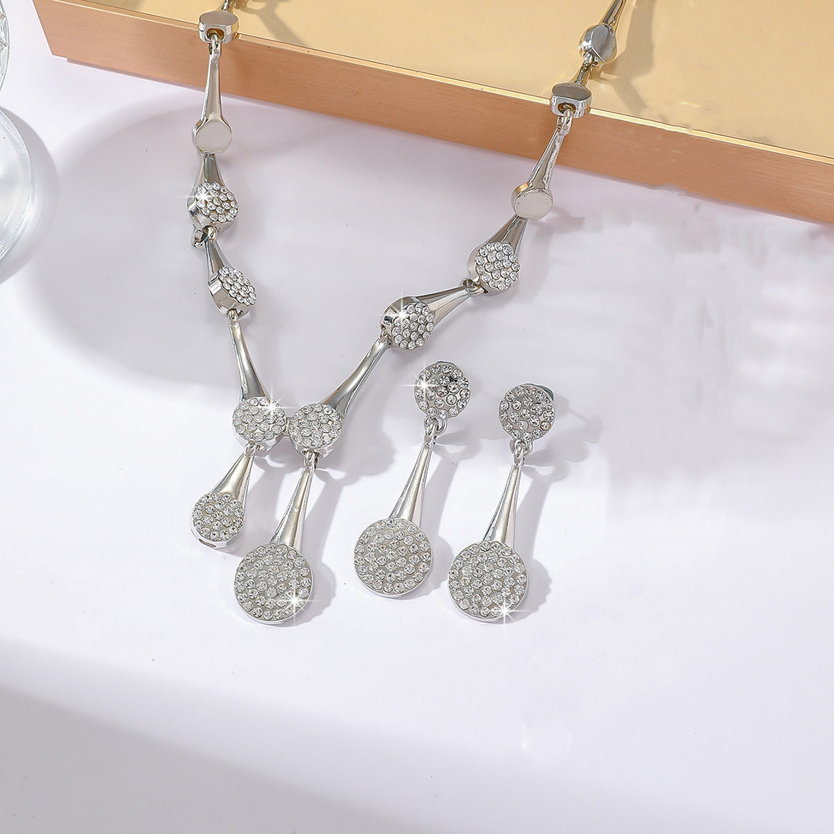3Pcs Round Pave CZ Jewelry Set | Necklace + Drop Earrings + Bracelet, Hypoallergenic Gold/Silver Plated