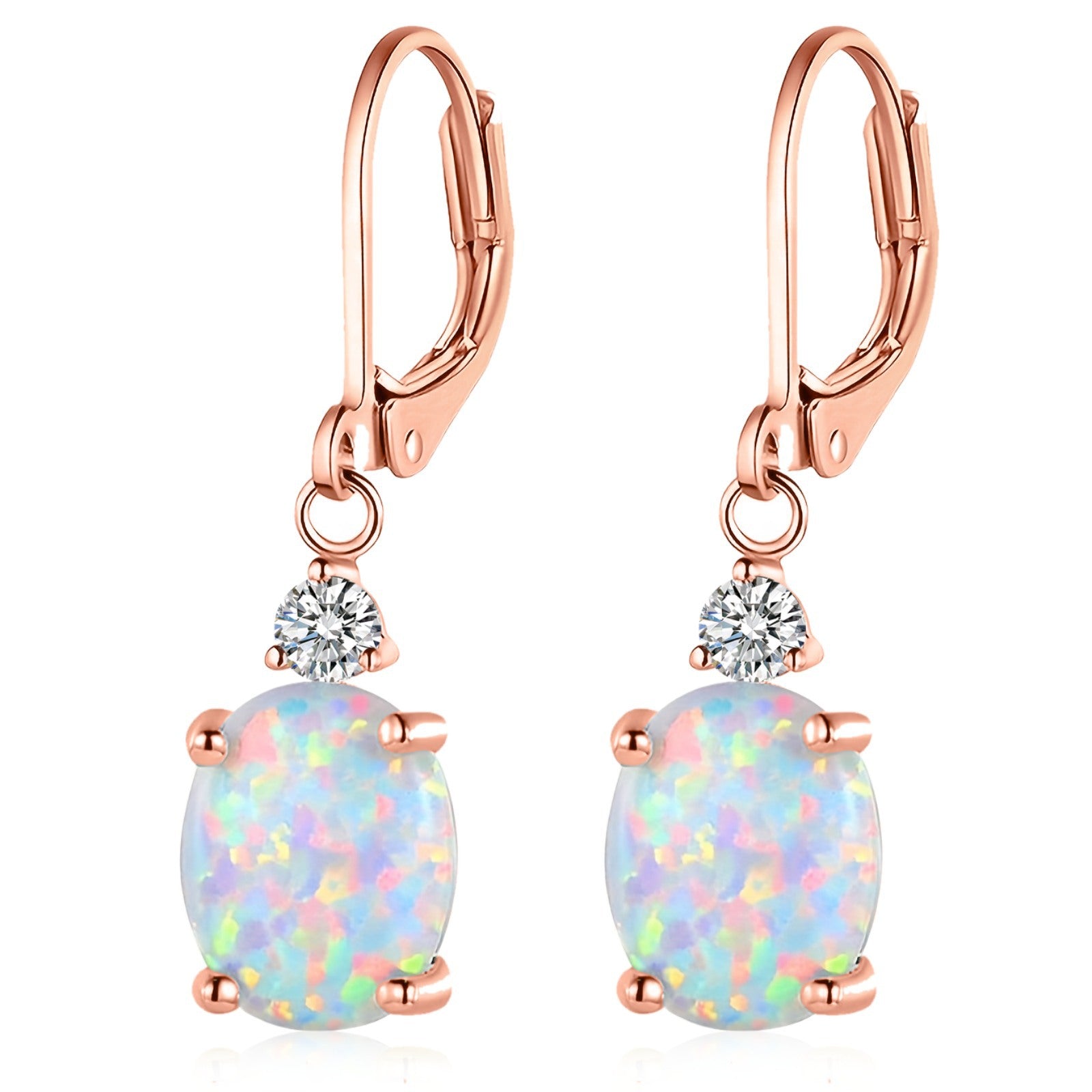Oval Opal Leverback Drop Earrings, Silver & Rose Gold Plated
