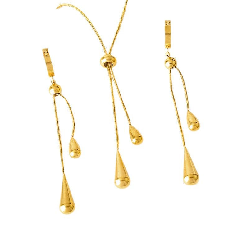 Gold Teardrop Tassel Jewelry Set, Adjustable Lariat Necklace & Long Drop Earrings Hypoallergenic Stainless Steel
