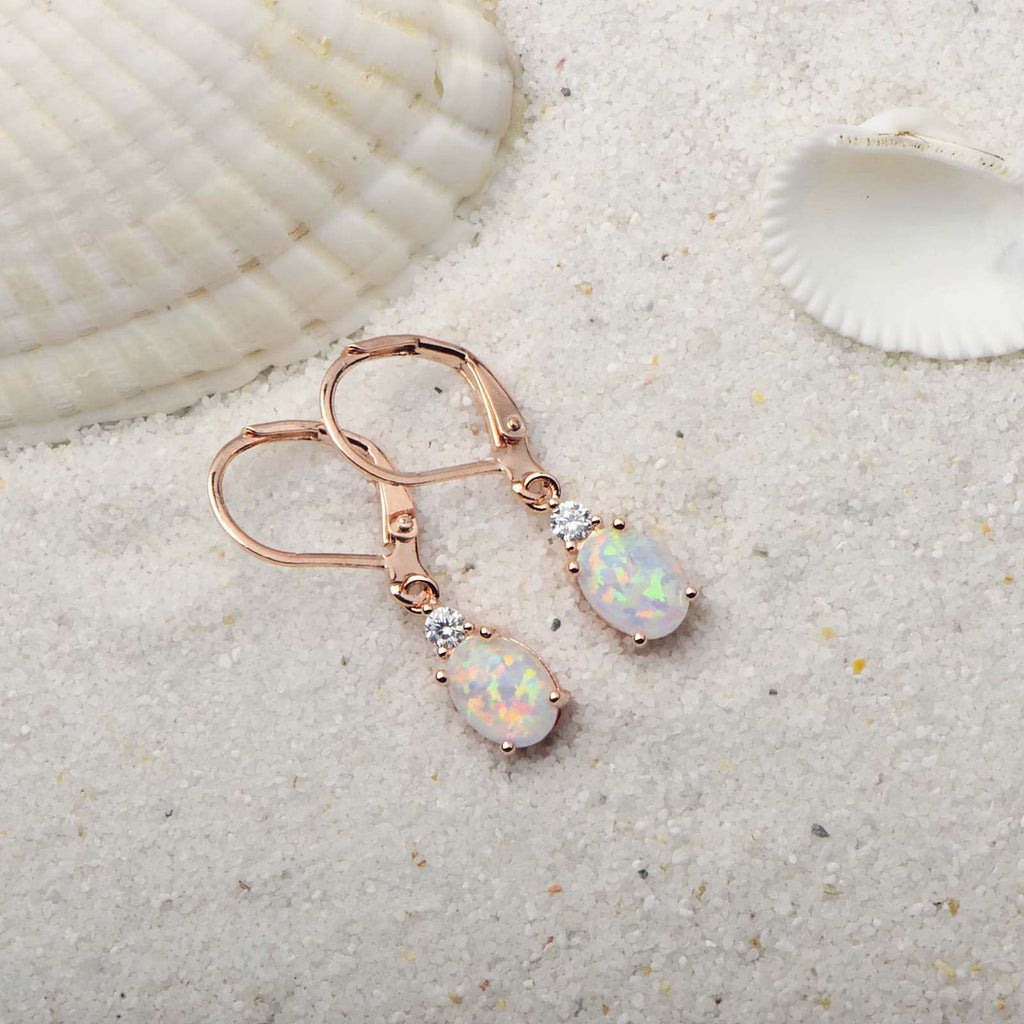 Oval Opal Leverback Drop Earrings, Silver & Rose Gold Plated
