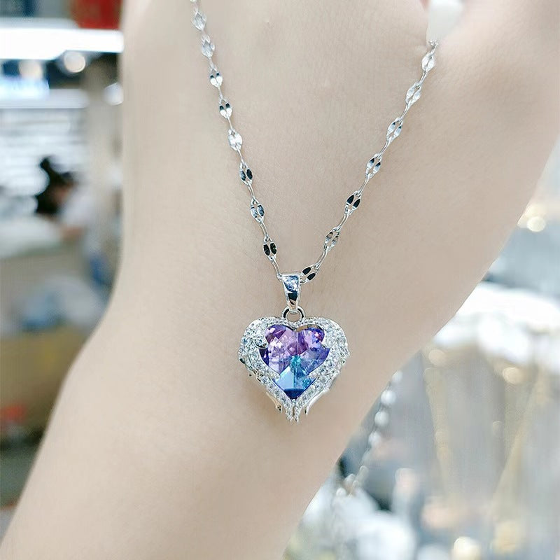 Stainless Steel Angel Wing Heart Crystal Pendant Necklace, 40+5cm Extendable Chain Two Tone