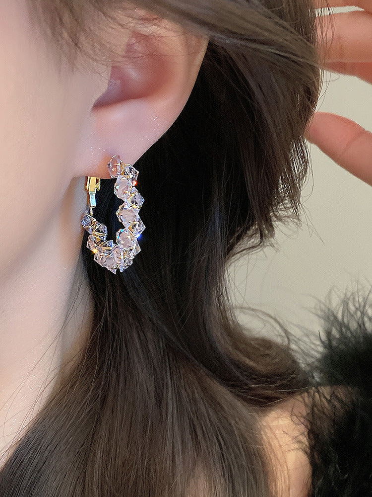 Dainty C-Shape Hoop Earrings, Full Paved Multi-Faceted Cubic Zirconia Crystal Oval Huggie Earrings Gold Plated Sparkly Statement Earrings for Women Wedding Party Dating