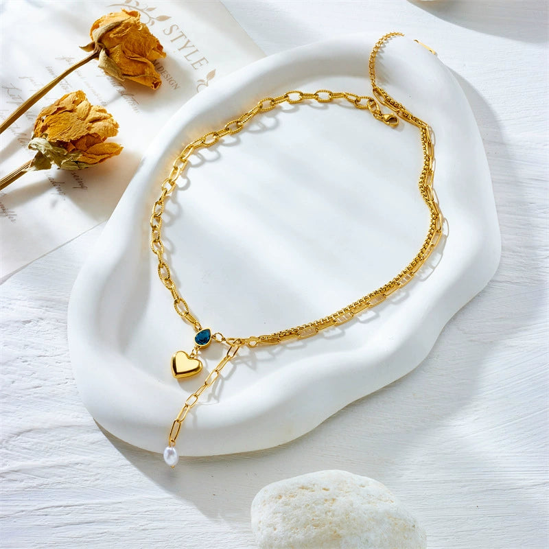Asymmetric Heart Blue Zircon Pearl Necklace, Titanium Steel Y-drop Hypoallergenic Choker