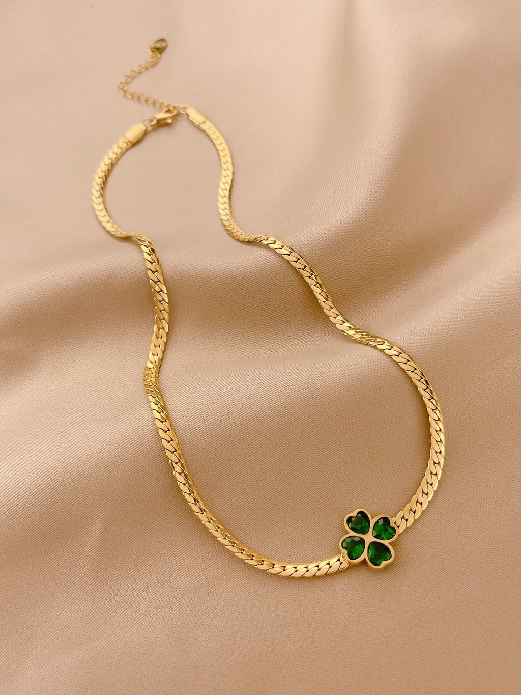 18K Gold Plated Stainless Steel Four Leaf Clover Jewelry Set, Tarnish Resistant Heart Emerald Zircon Cuban Chain Necklace Bracelet Hoop Earrings Set For Women