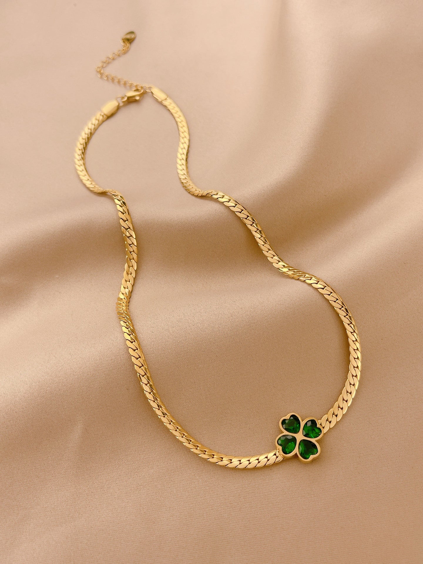 18K Gold Plated Stainless Steel Four Leaf Clover Jewelry Set, Tarnish Resistant Heart Emerald Zircon Cuban Chain Necklace Bracelet Hoop Earrings Set For Women