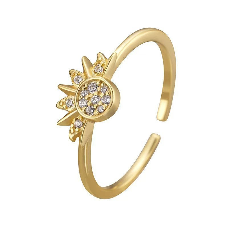 2Pcs Sun Moon Stackable Open Ring Set, Silver & Gold Plated Cubic Zirconia Adjustable Couple Rings