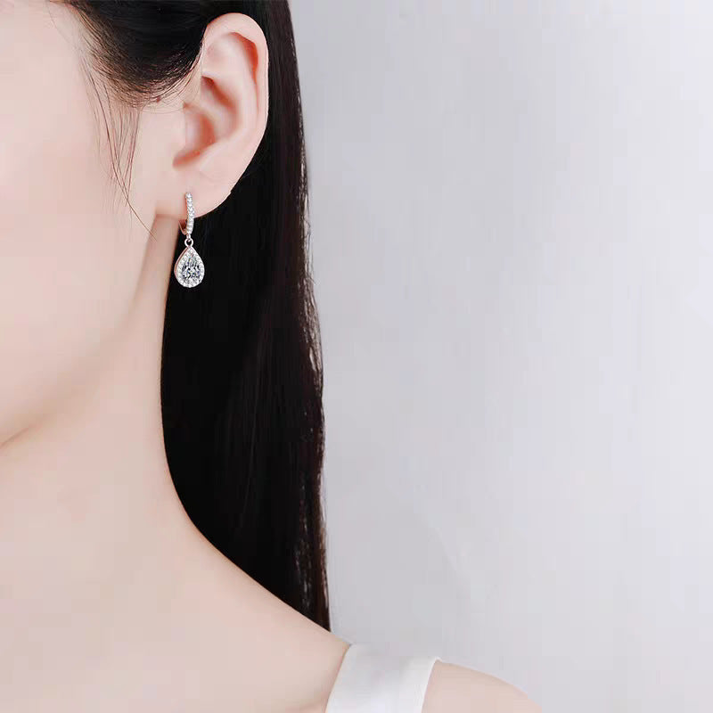 Pear Teardrop Cubic Zirconia Halo Huggie Drop Earrings Silver Tone Bridal Wedding Dangle Jewelry For Women