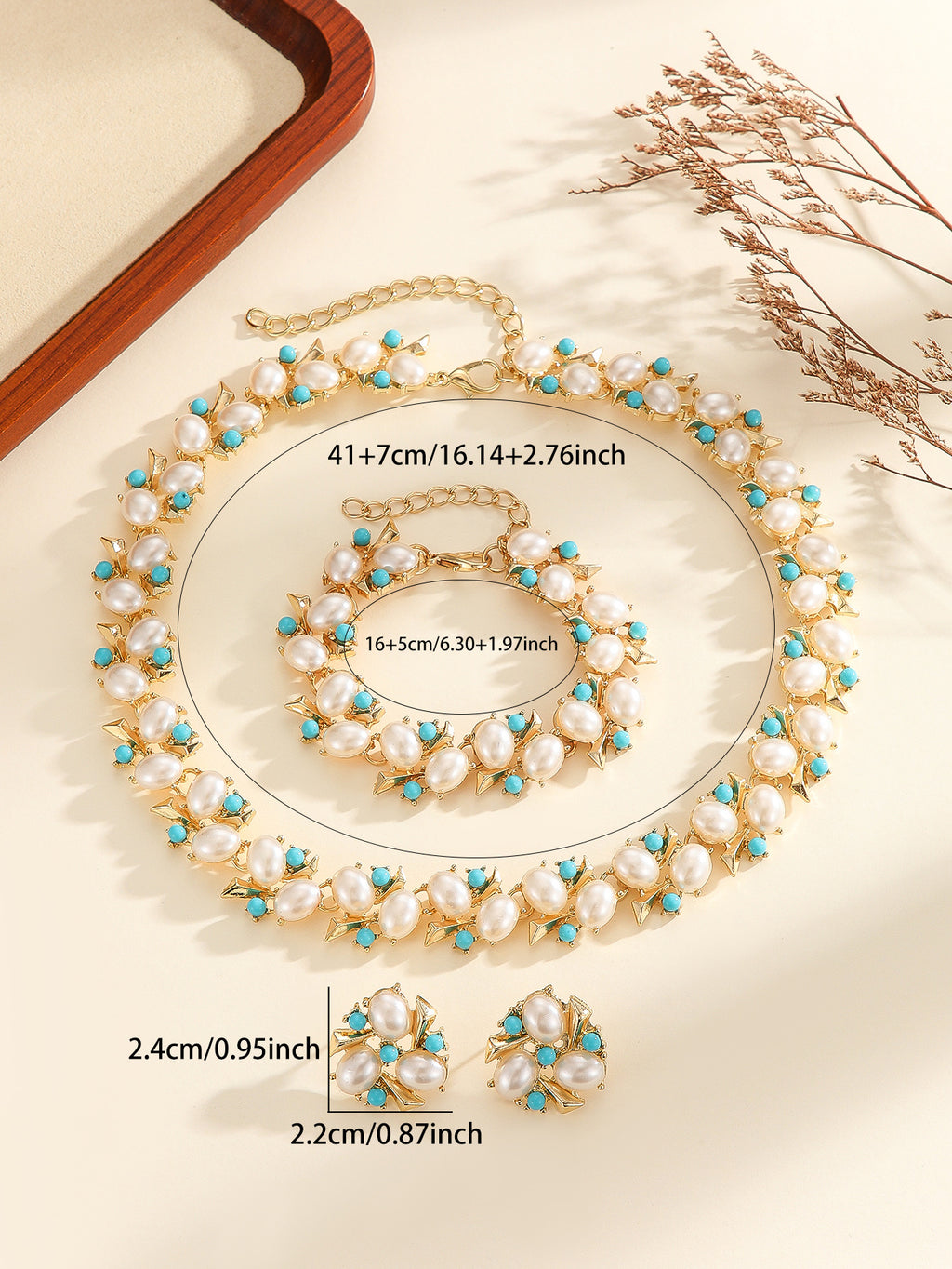 Parure de bijoux 3 pièces plaqué or avec perles d'imitation et cristaux turquoises, collier + bracelet + boucles d'oreilles anti-allergiques pour fête de mariage