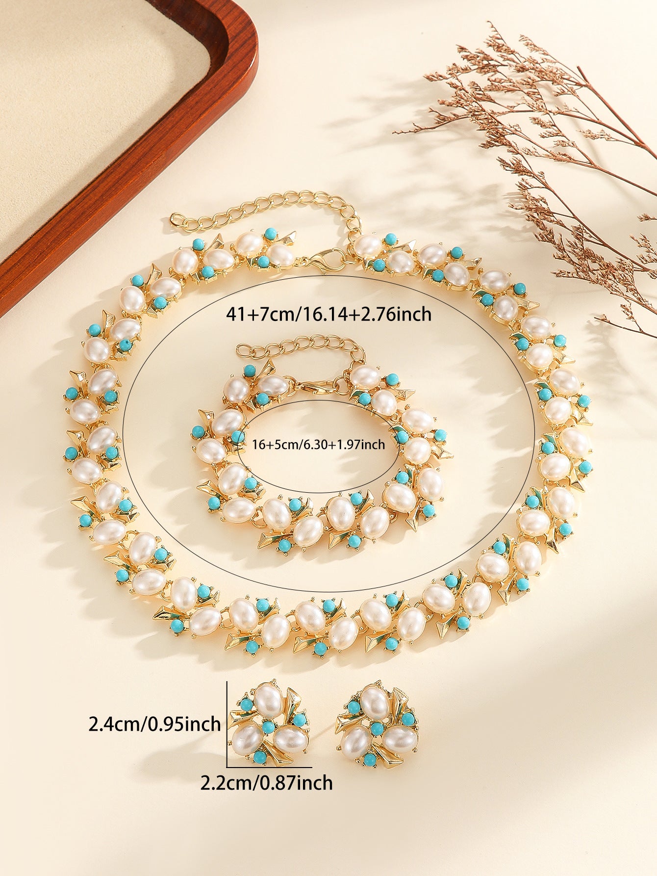Gold Plated Imitation Pearl & Turquoise Crystal 3Pcs Jewelry Set, Anti-allergy Necklace+Bracelet+Earrings for Wedding Party