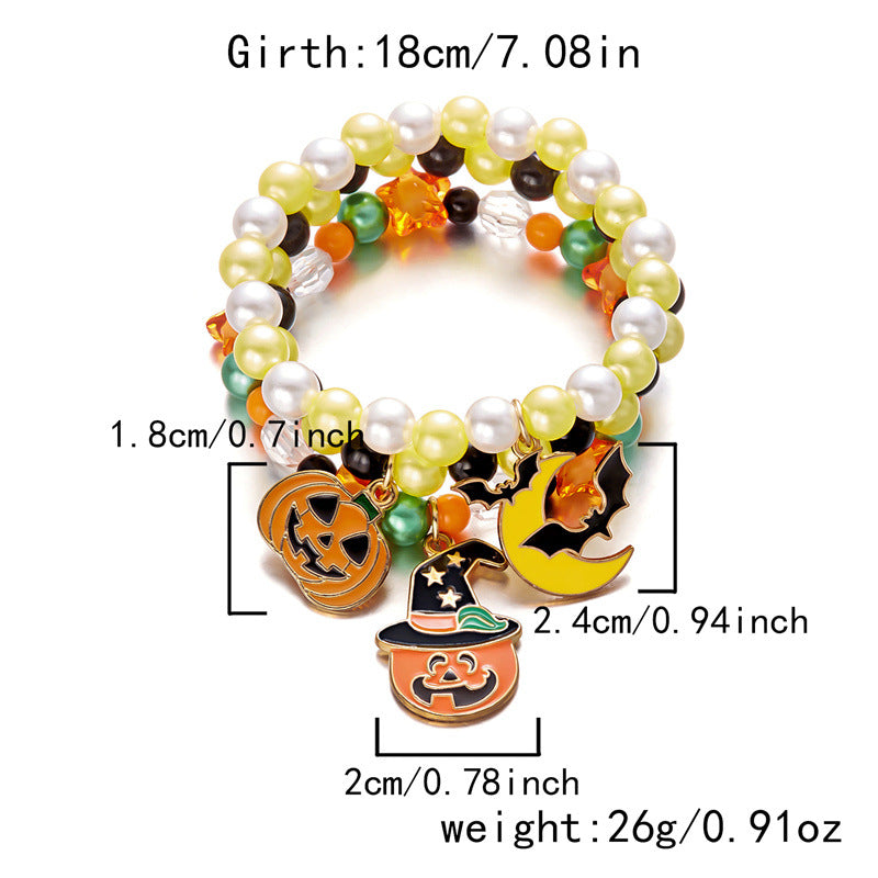 Halloween Cute Ghost Pumpkin Charm Beaded Bracelet Set, 3Pcs Stackable Enamel Charm Stretch Bracelets Witch Bat Mummy Jewelry For Women Kids Party