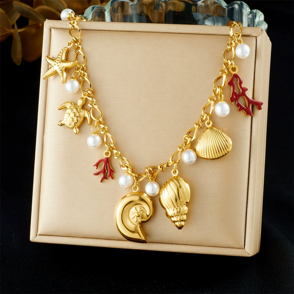18K Gold Plated Stainless Steel Ocean Theme Charm Necklace, Adjustable Boho Sea Turtle Starfish Shell Pearl Pendant Necklace For Women