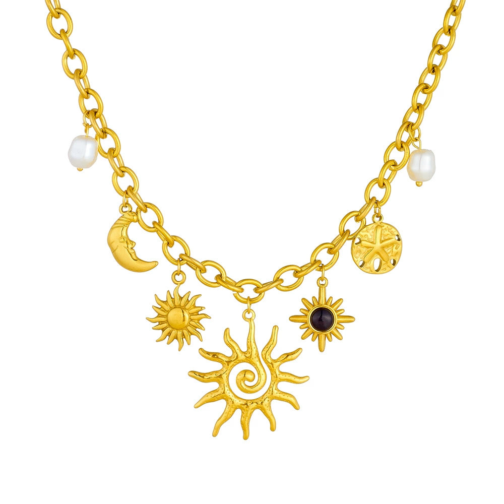 18K Gold Plated Stainless Steel Sun Moon Starfish Pearl Charm Choker Necklace, 41+6cm Adjustable Chunky Chain Necklace