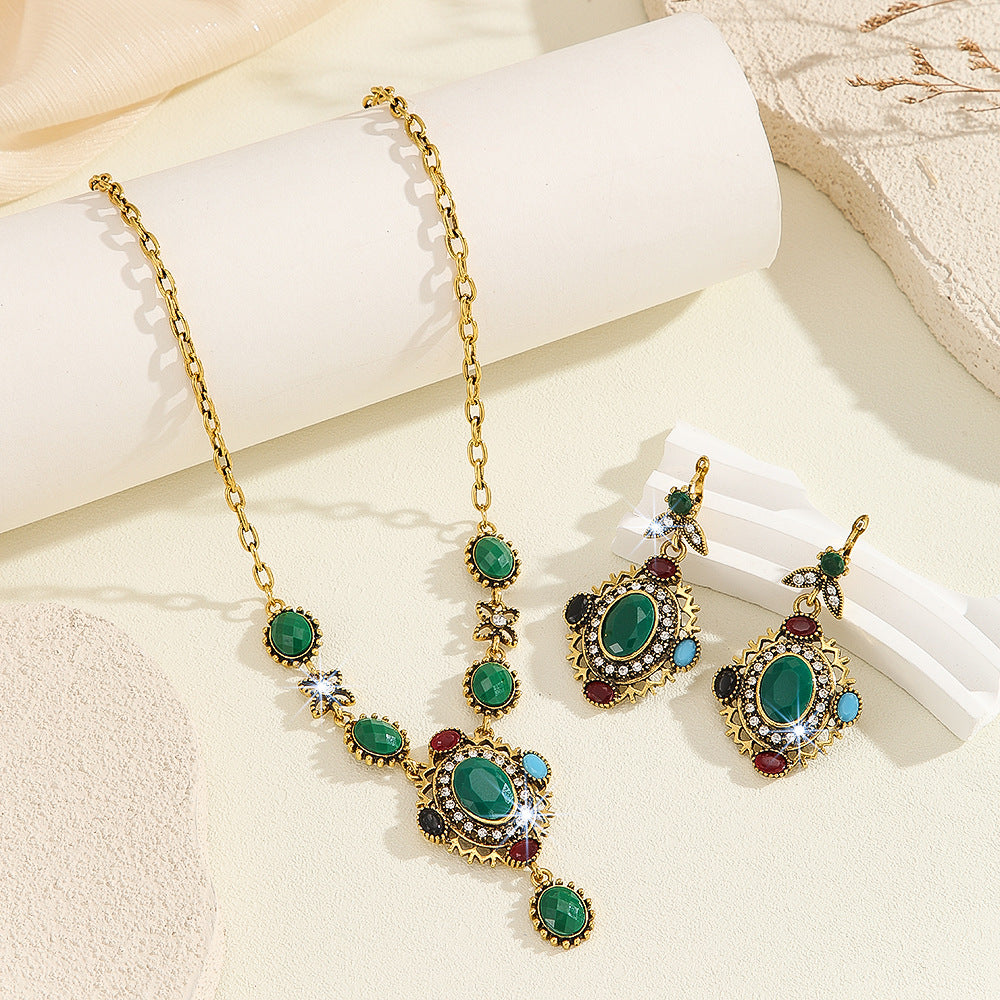 Bohemian Multi-Color Resin Crystal Jewelry Set, Antique Gold Necklace & Drop Dangle Earrings