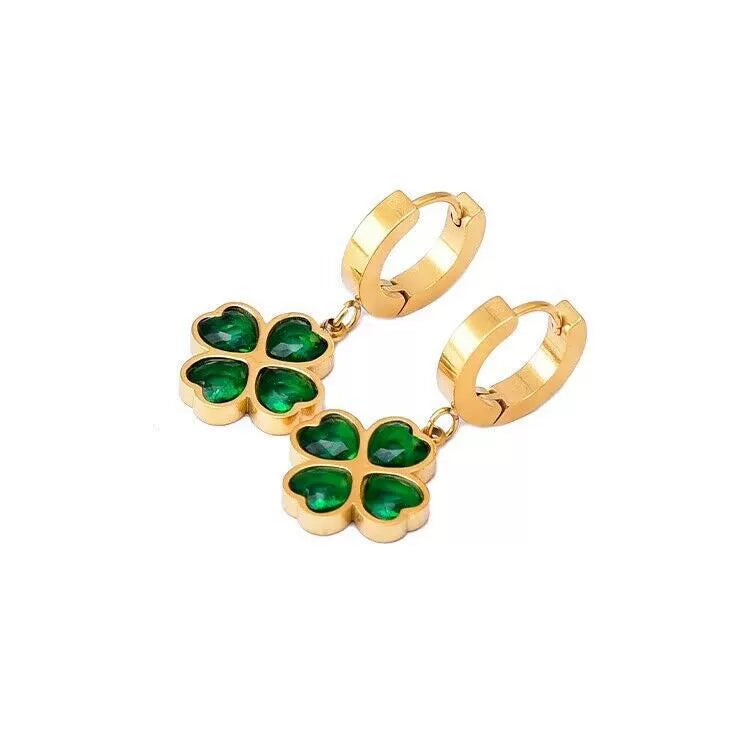 18K Gold Plated Stainless Steel Four Leaf Clover Jewelry Set, Tarnish Resistant Heart Emerald Zircon Cuban Chain Necklace Bracelet Hoop Earrings Set For Women