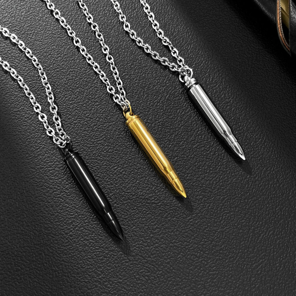 Men Bullet Urn Pendant Stainless Steel Necklace 50cm Rolo Chain 3 Colors Silver Gold Black Punk Hip Hop Unisex Jewelry