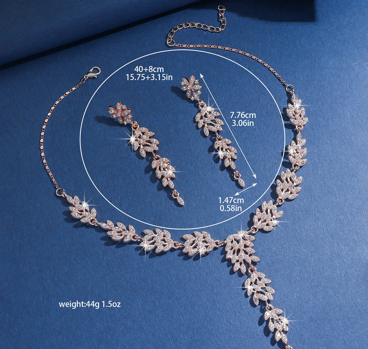 Leaf Shape Cubic Zirconia Jewelry Set | Necklace & Drop Earrings, Hypoallergenic 3 Colors