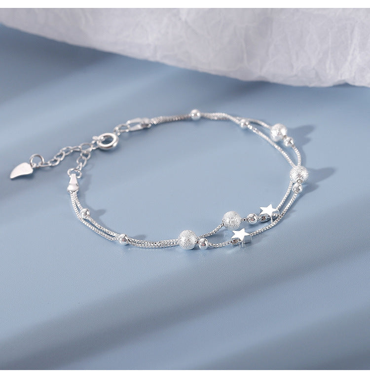 S925 Sterling Silver Double Layer Star Bracelet, Dainty Two-Strand Snake Chain Wrist Bracelet with Matte Frosted Beads & Tiny Star Charms Adjustable Extension Chain for Women Minimalist Daily Jewelry Gift