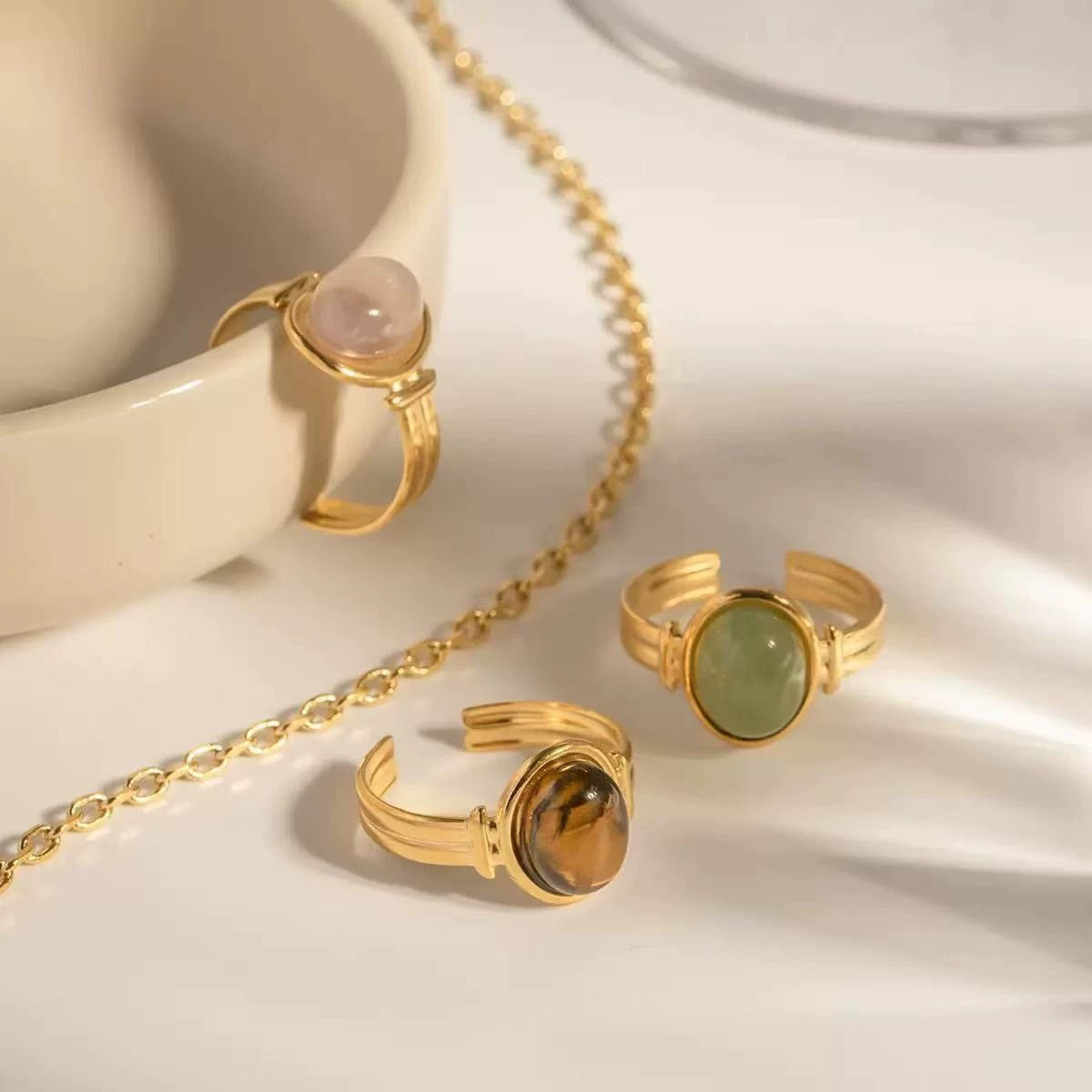 Vintage Natural Stone Stainless Steel Open Adjustable Ring, 18K Gold Plated Tarnish Resistant Gemstone Stackable Ring For Women