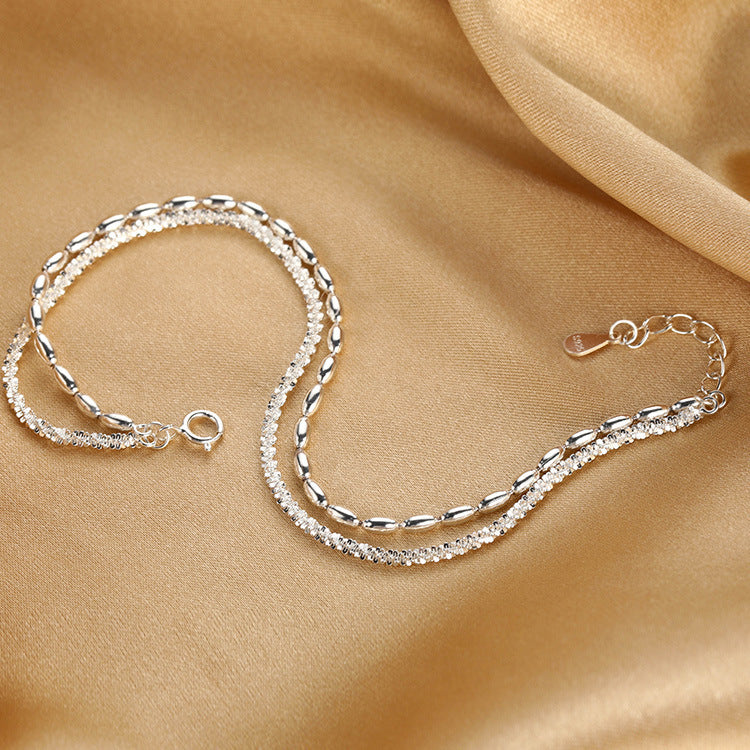 S925 Sterling Silver Double Layer Bracelet, Sparkling Starry Sky Rice Bead Two-Strand Dainty Stack Wrist Chain with Adjustable Extension Chain for Women Minimalist Daily Jewelry