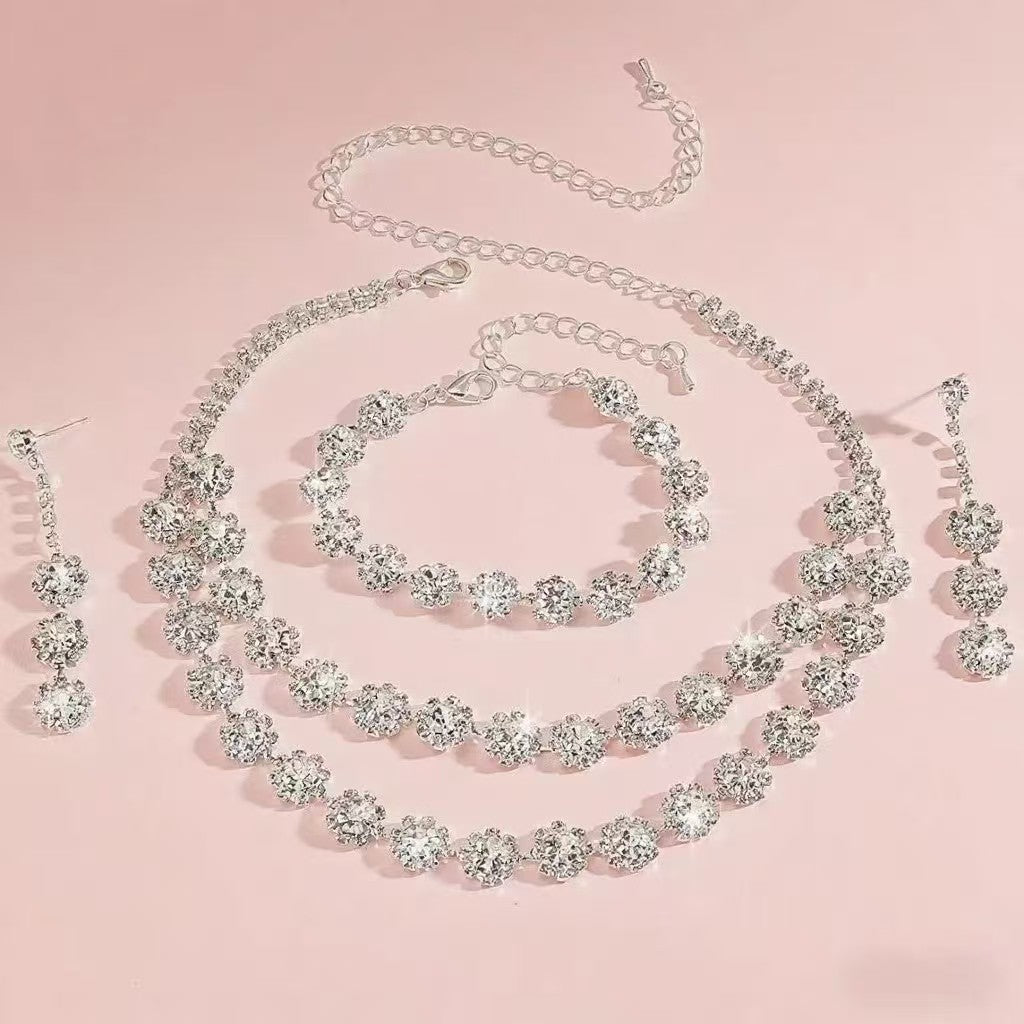 Double Layer Floral Zircon Jewelry Set, Necklace Earrings Bracelet Hypoallergenic