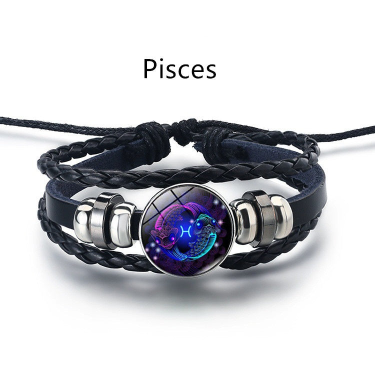 12 Constellation Luminous Braided Leather Bracelet, Adjustable Zodiac Sign Glow In The Dark Wristband For Men Women