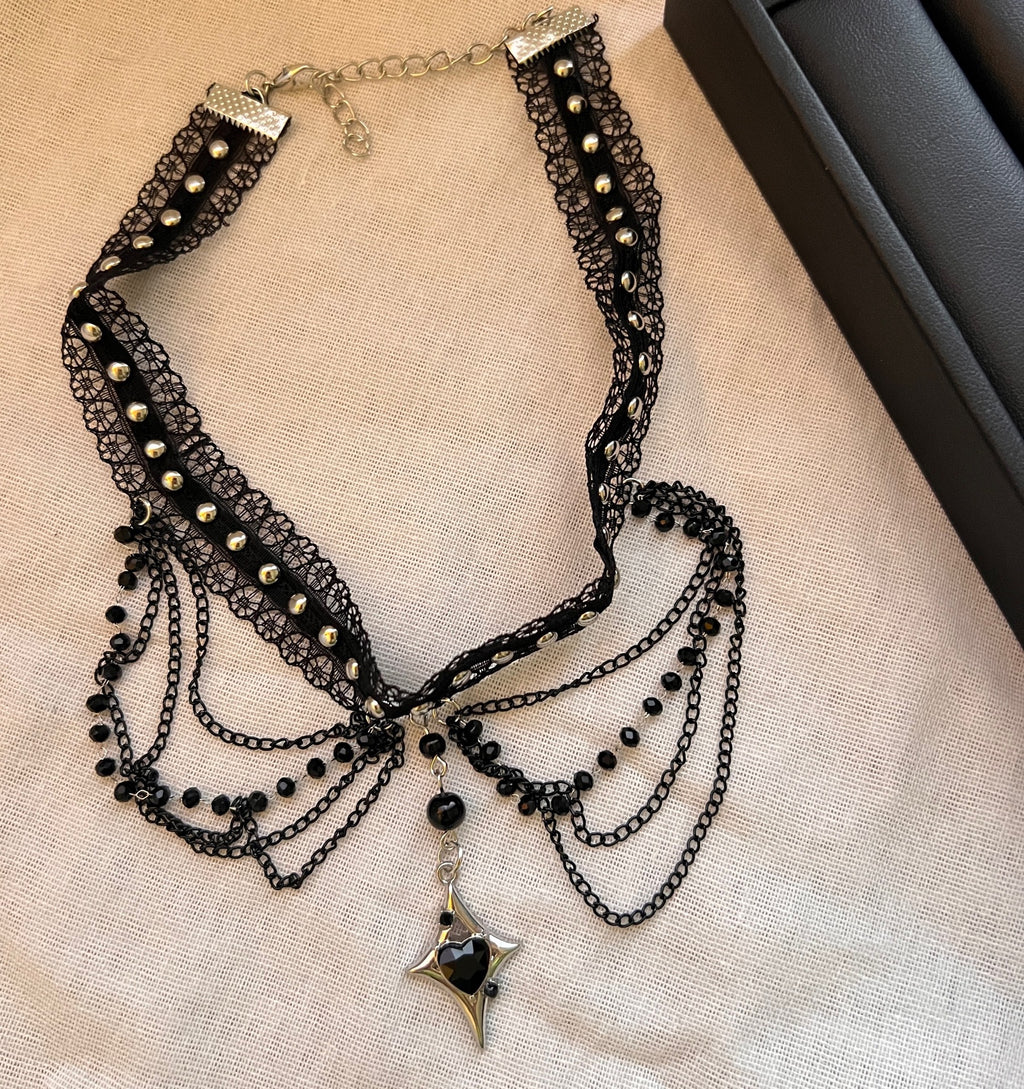 2Pcs Dark Gothic Black Lace Choker & Beaded Chain Necklace Set, Y2K Star Heart Pendant Layered Tassel Choker, Punk Alternative Grunge Jewelry for Women