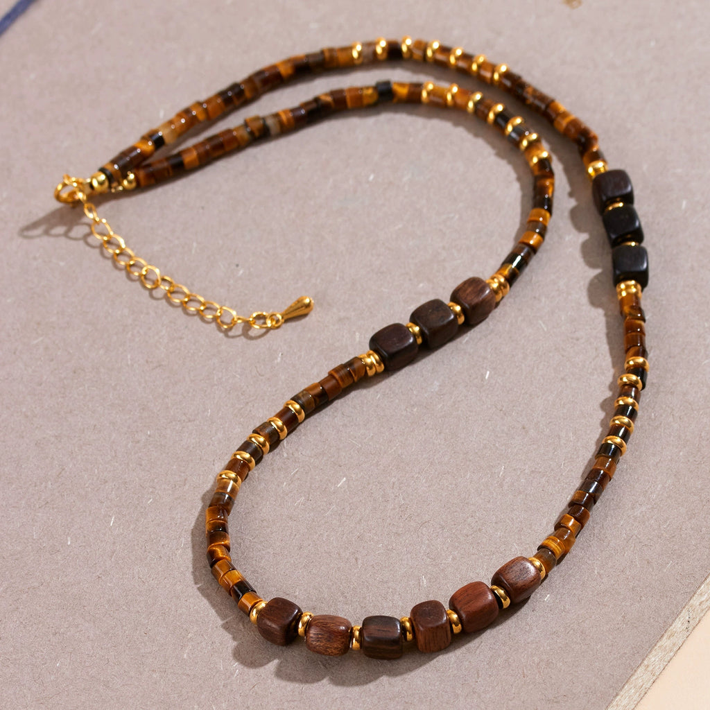 Handmade Natural Tiger Eye & Agarwood Choker Necklace for Men Women, Vintage Wooden Bead Collarbone Necklace with Adjustable Extension Chain, Retro Boho Healing Crystal Beaded Necklace Jewelry Gift