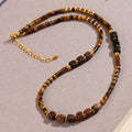 Handmade Natural Tiger Eye & Agarwood Choker Necklace for Men Women, Vintage Wooden Bead Collarbone Necklace with Adjustable Extension Chain, Retro Boho Healing Crystal Beaded Necklace Jewelry Gift