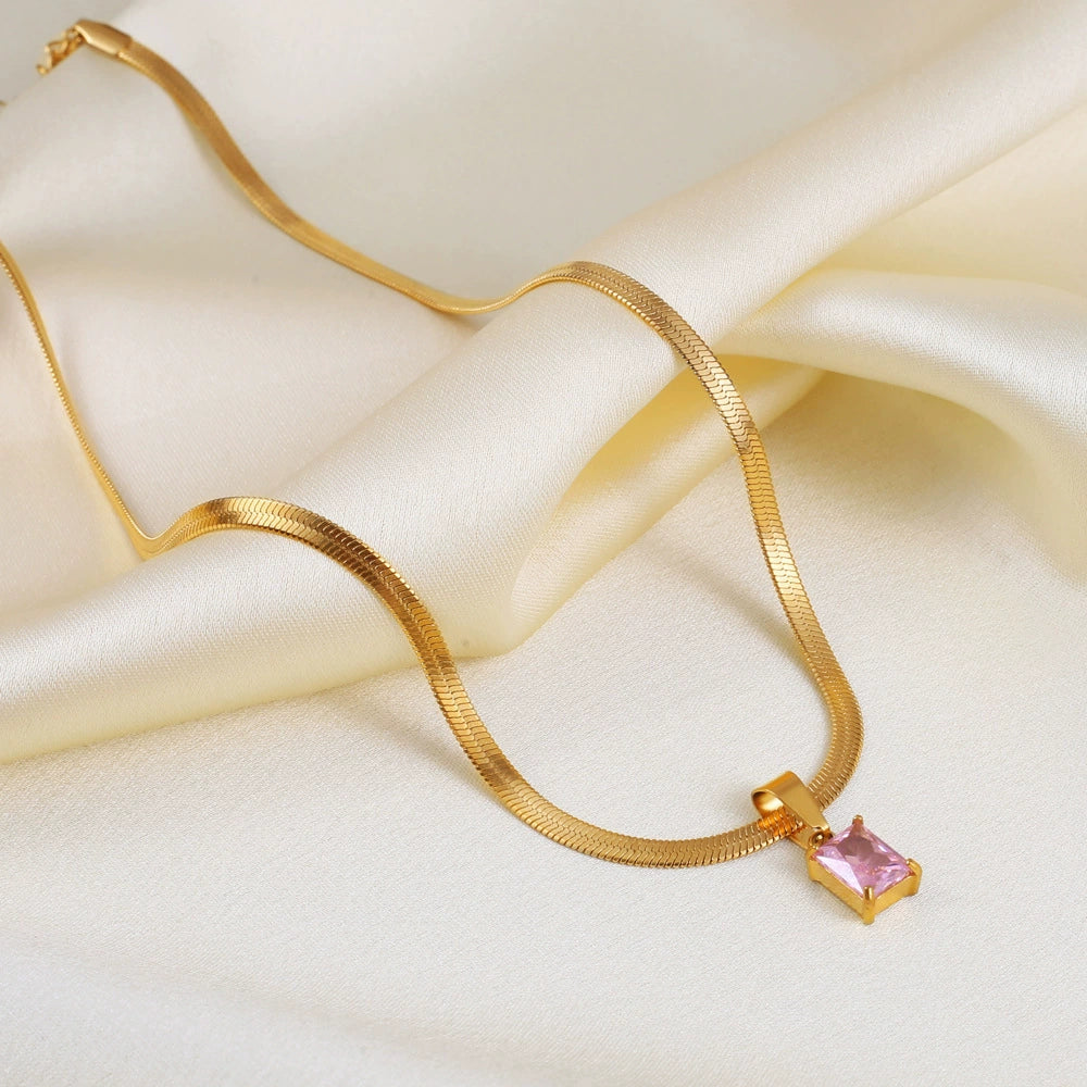 Square Color Zircon Pendant Herringbone Necklace, Gold Plated Stainless Steel Hypoallergenic Choker