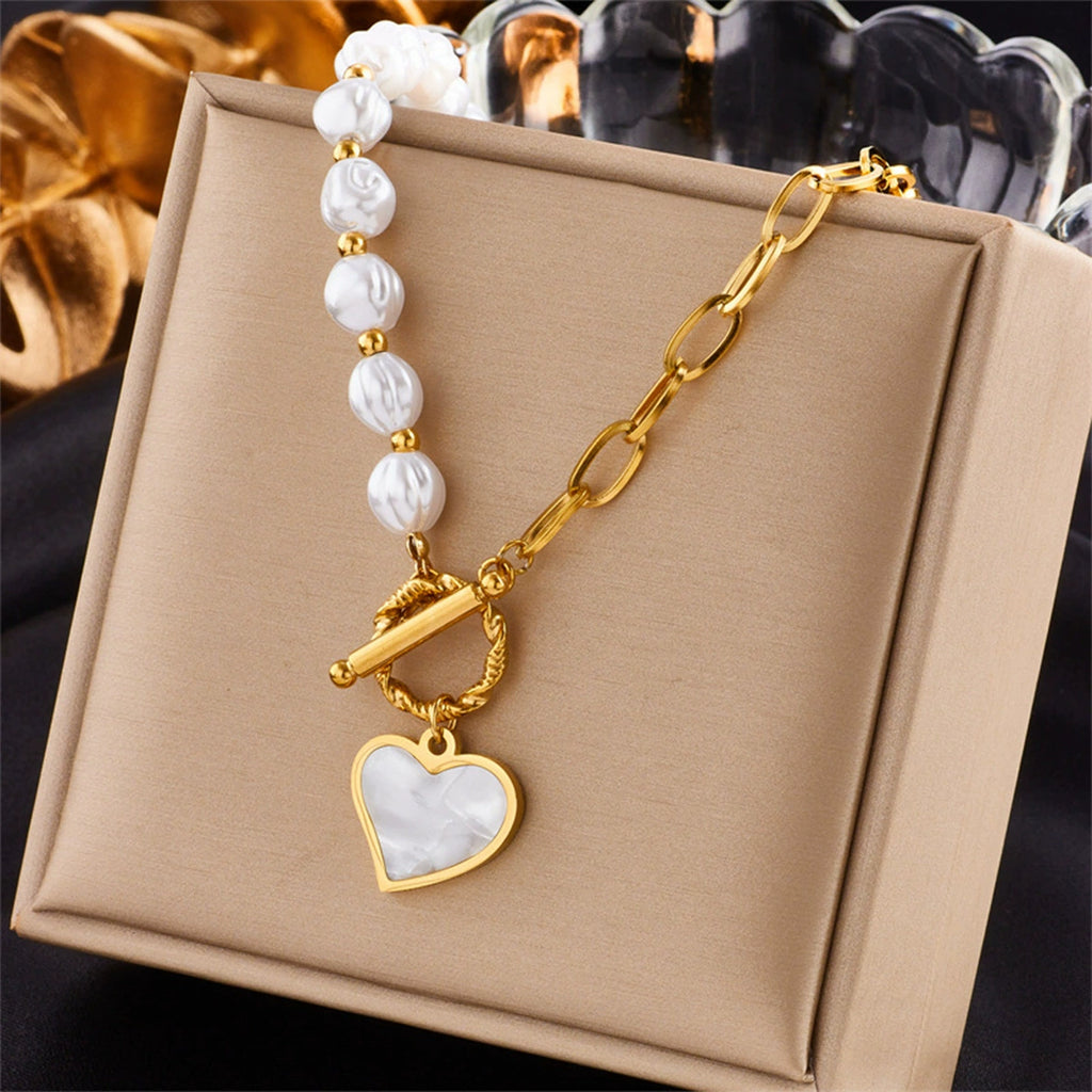 Asymmetric Pearl Heart Shell Pendant Necklace, Hypoallergenic Titanium Steel OT Toggle Choker