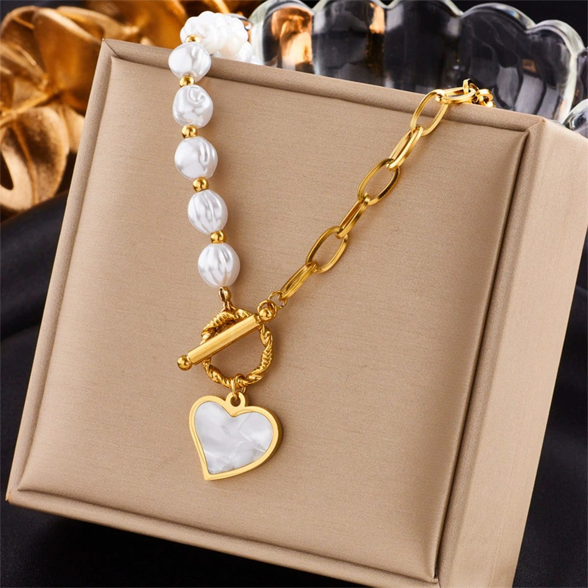 Asymmetric Pearl Heart Shell Pendant Necklace, Hypoallergenic Titanium Steel OT Toggle Choker