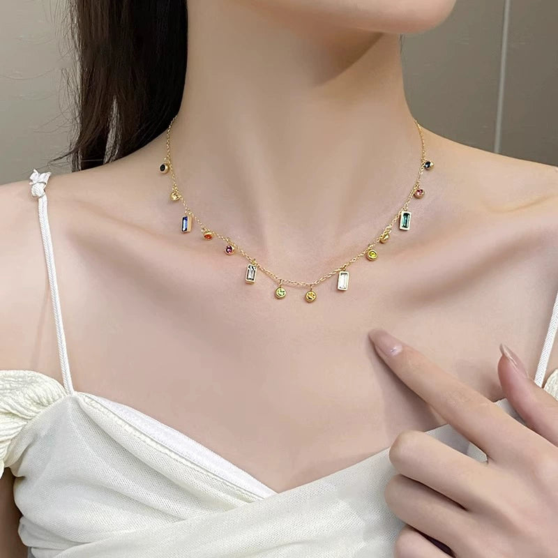 Colorful Zircon Drop Choker, Hypoallergenic Titanium Steel Dainty Geometric Pendant Necklace