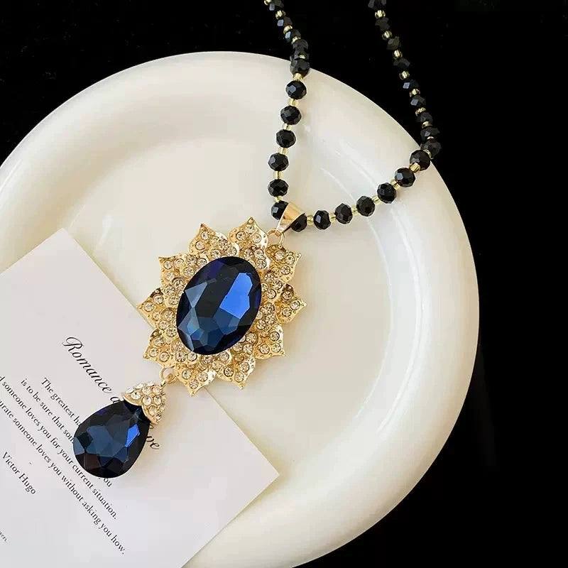 Vintage Deep Blue Crystal Pendant Long Sweater Necklace Round Teardrop Rhinestone Halo Gold Plated Black Beaded Statement Jewelry for Women