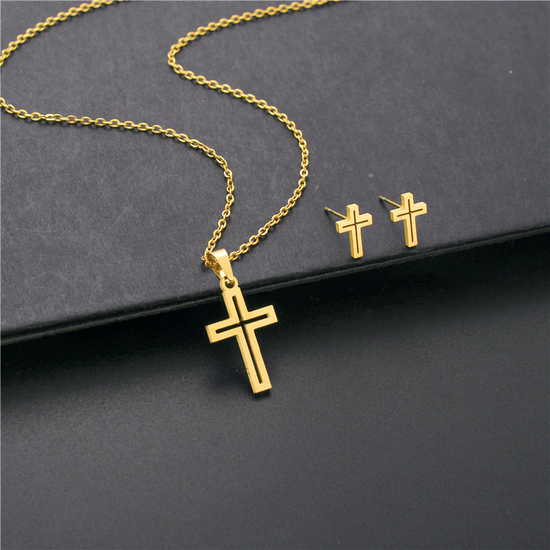 Stainless Steel Hollow Cross Necklace Earring Set Gold Silver Minimal Christian Religious Jewelry Gift