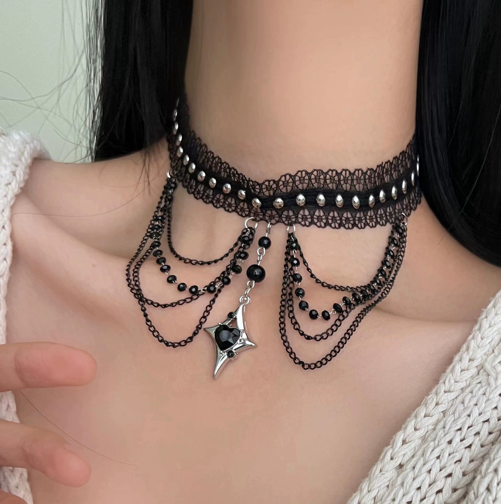 2Pcs Dark Gothic Black Lace Choker & Beaded Chain Necklace Set, Y2K Star Heart Pendant Layered Tassel Choker, Punk Alternative Grunge Jewelry for Women