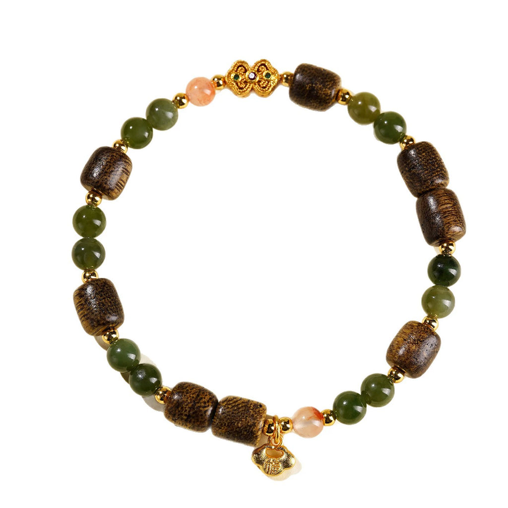 Natural Agarwood Barrel Bead Bracelet with Green Nephrite Jade, South Red Agate & Gold Ruyi Lock Charm, Elastic Chinese Vintage Bracelet for Men Women, Good Luck Meditation Bracelet