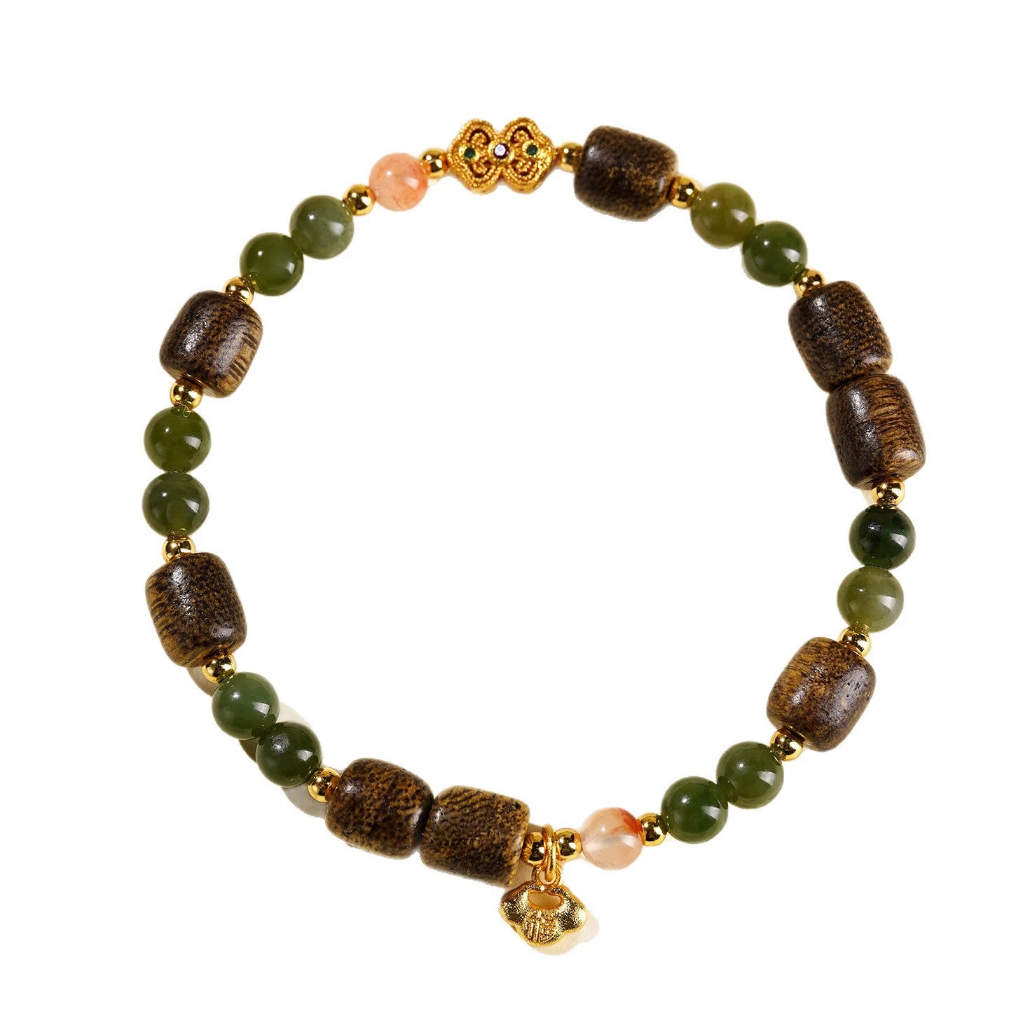 Natural Agarwood Barrel Bead Bracelet with Green Nephrite Jade, South Red Agate & Gold Ruyi Lock Charm, Elastic Chinese Vintage Bracelet for Men Women, Good Luck Meditation Bracelet