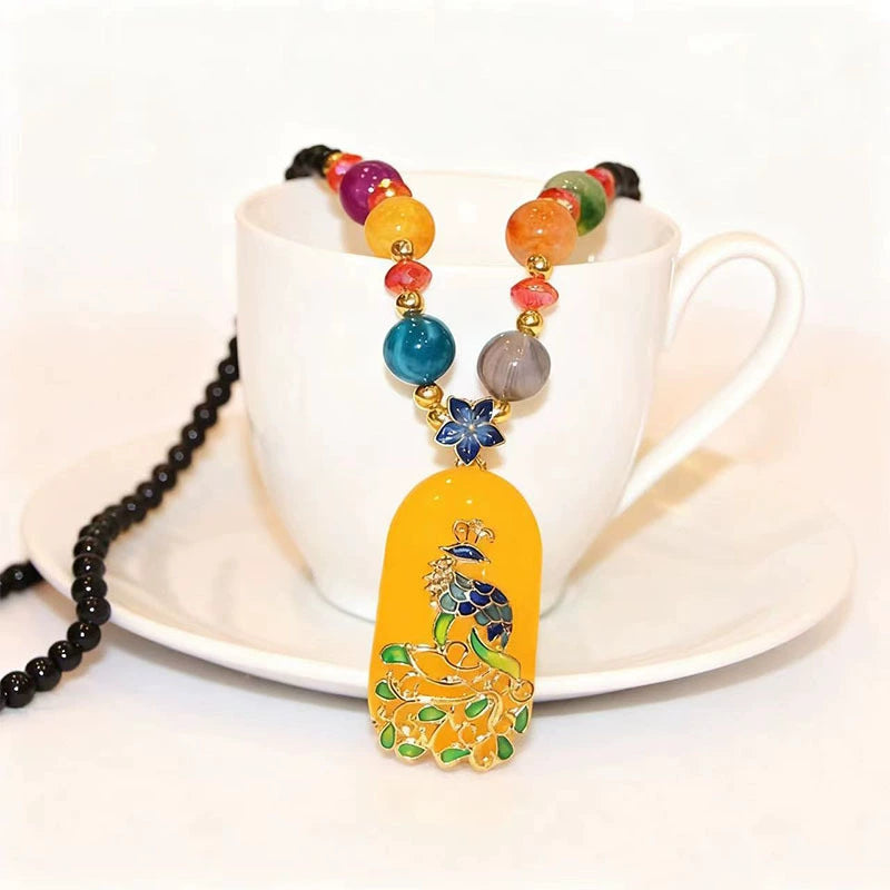Elegant Big Peacock Pattern Honey Resin Pendant 80CM Multi-Tone Agate & Crystal Bead Long Necklace Anti-Tarnish Gold Plated Chinese Costume Gift Chain