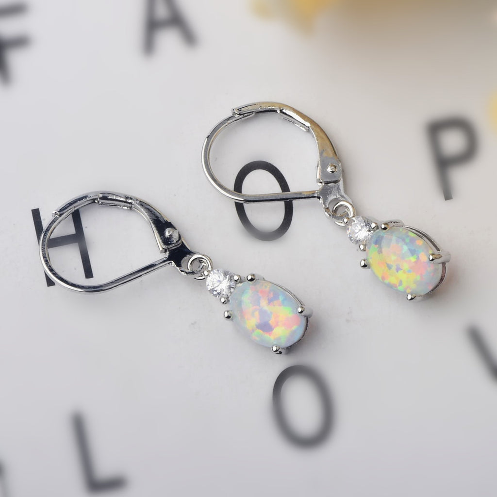 Oval Opal Leverback Drop Earrings, Silver & Rose Gold Plated