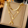 18K Gold Plated Stainless Steel Multi Layer Star Moon Necklace, Tarnish Resistant Dainty Stackable Crescent Star Pendant Necklace For Women