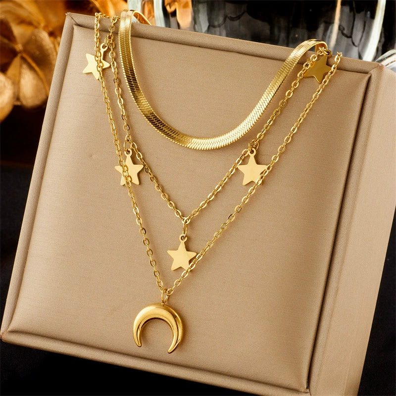 18K Gold Plated Stainless Steel Multi Layer Star Moon Necklace, Tarnish Resistant Dainty Stackable Crescent Star Pendant Necklace For Women