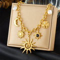 18K Gold Plated Stainless Steel Sun Moon Starfish Pearl Charm Choker Necklace, 41+6cm Adjustable Chunky Chain Necklace