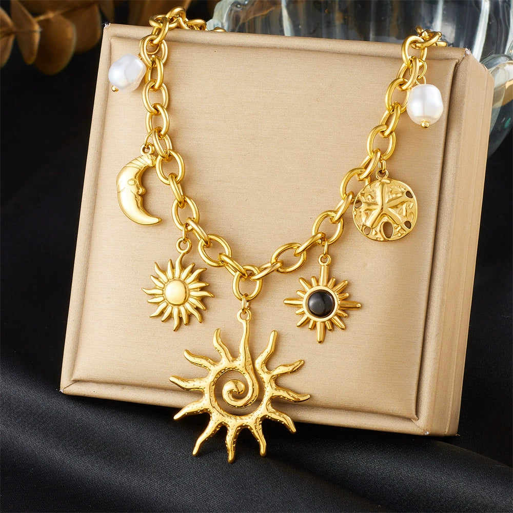 18K Gold Plated Stainless Steel Sun Moon Starfish Pearl Charm Choker Necklace, 41+6cm Adjustable Chunky Chain Necklace
